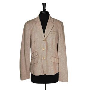 Chaps Ralph Lauren Women's Blazer 14 Beige Brown Linen Blend Herringbone Jacket